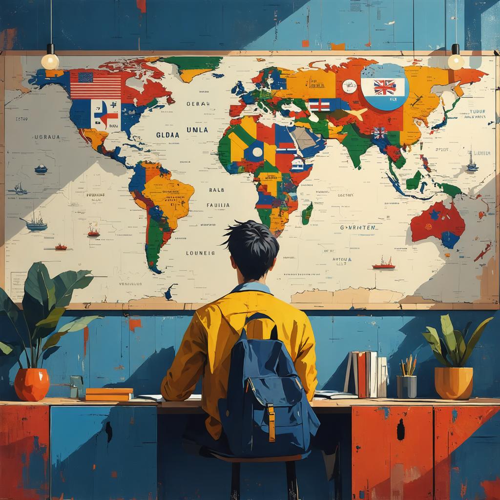 This image features a young individual seated at a desk, gazing at a vibrant, multicolored world map on the wall, suggesting a theme of global exploration or education. The map, with its vivid colors and unique design, showcases the creativity and versatility of the 'Stable Diffusion Ultra image generator,' which is capable of generating dynamic and visually striking images tailored to various prompts. The setting implies an environment of learning or travel planning, potentially appealing to those interested in geography, travel, or artistic digital creation.