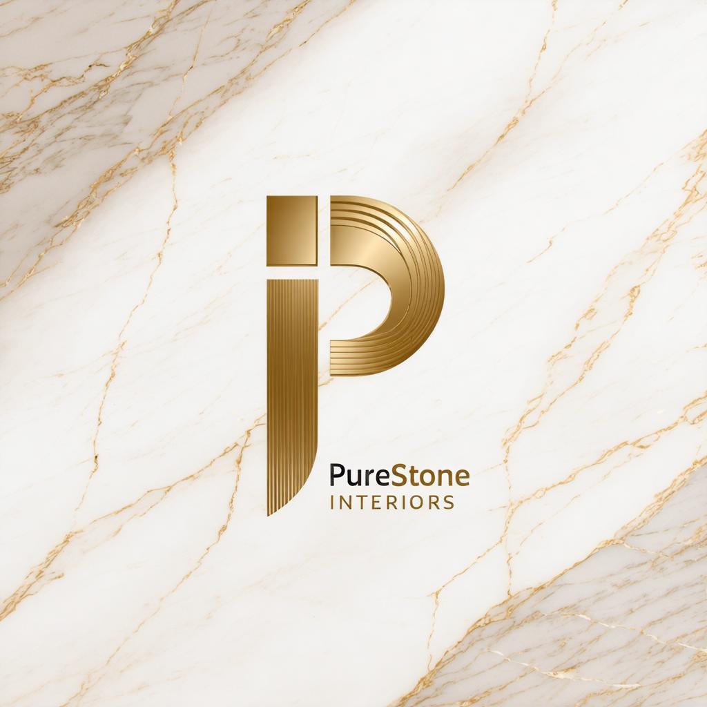 This image showcases a sleek, golden logo for 'PureStone Interiors' set against a luxurious white marble background with subtle gold veins, highlighting the sophistication and elegance that the company embodies. The logo's design, created with the precision of 'Stable Diffusion Ultra image generator,' captures the essence of high-end interior design, while the seamless integration of the logo with the marble texture demonstrates the tool's ability to generate images that blend branding with luxurious aesthetics.
