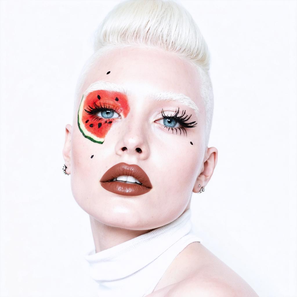 In the image, a person with a striking appearance sports a bold watermelon-themed eye makeup, a unique hairstyle, and striking accessories, all of which were creatively generated using the 'Stable Diffusion Ultra image generator'. This tool allows for the creation of visually captivating and personalized images, showcasing its capabilities in facial design and artistic expression.