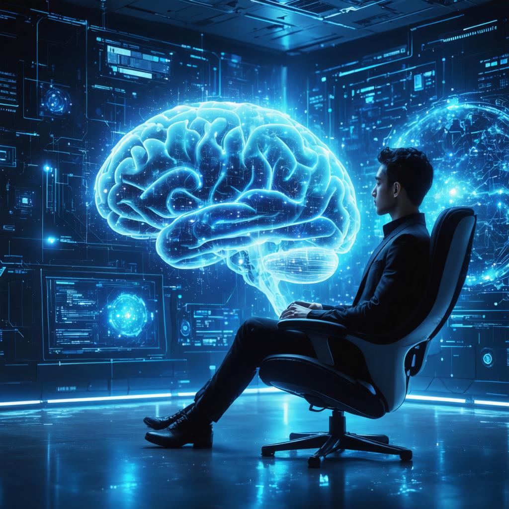 Discover the power of Stable Diffusion Ultra image generator with this stunning AI-generated image! A futuristic scene showcases a person in a high-tech environment, surrounded by glowing digital interfaces and a holographic brain, highlighting the tool's ability to create intricate, visually captivating content. Perfect for showcasing advanced AI capabilities and creative possibilities.