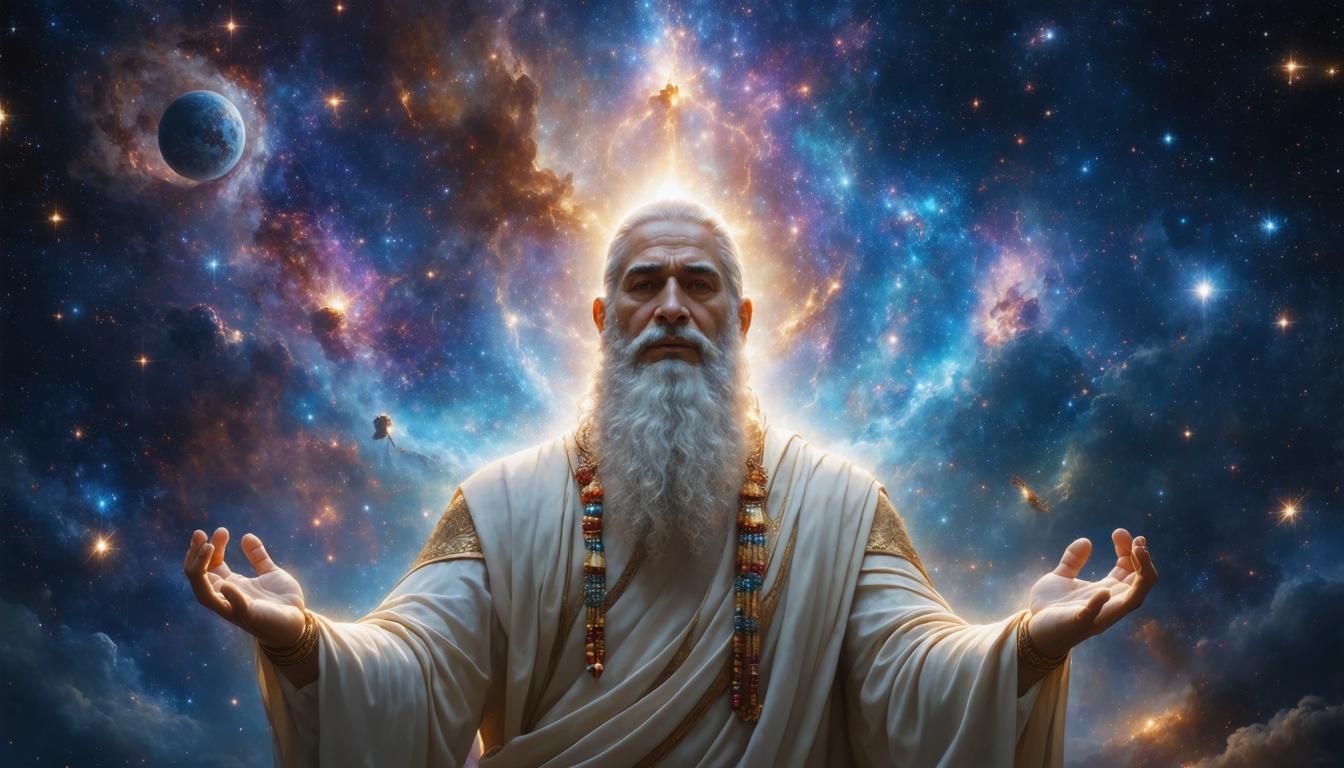 Discover the awe-inspiring capabilities of Stable Diffusion Ultra image generator with this mesmerizing AI-generated artwork. This powerful tool brings vivid, otherworldly scenes to life, as seen in this stunning depiction of a cosmic figure with outstretched hands, surrounded by a galaxy of stars and planets. Experience the limitless potential of Stable Diffusion Ultra in creating surreal and captivating visuals.