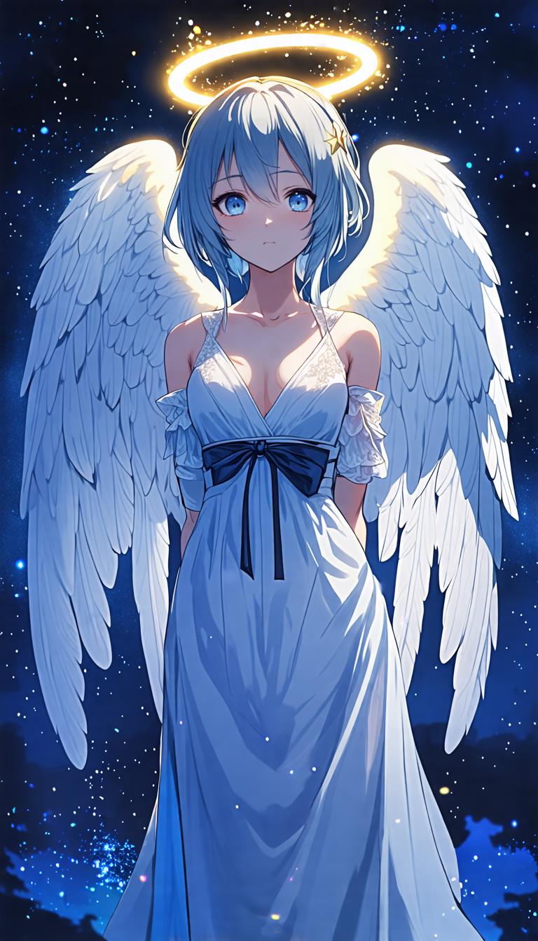 Questa immagine presenta un personaggio etereo con grandi ali piumate e un'aureola, simile a un essere celeste. Il personaggio è vestito con un abito bianco a scollatura profonda e si trova su uno sfondo di cielo stellato. L' 'Stable Diffusion Ultra image generator' è evidenziato per la sua capacità di creare immagini realiste e dettagliate, ideali per appassionati di fantasia e arte digitale.