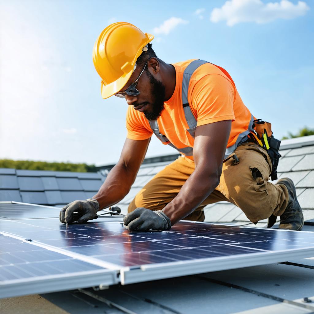 Un travailleur de la construction diligent, vêtu d'équipement de sécurité, inspecte soigneusement un tableau de panneaux solaires sur un toit, sous un ciel bleu clair. L'image, générée par le 'Stable Diffusion Ultra image generator', met en valeur la capacité de l'outil à créer des visuels vivants et de haute qualité qui capturent l'essence des installations d'énergie renouvelable modernes.