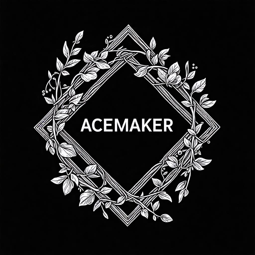 Cette image met en scène un design monochromatique sophistiqué, présentant une couronne de feuilles et de branches délicatement détaillées entourant un cadre central en forme de diamant, avec le mot "ACEMAKER" affiché en évidence au centre. Le design évoque un logo traditionnel, inspirant une sensation d'élégance et de classicité. Cette image saisissante a été créée à l'aide du générateur d'images 'Stable Diffusion Ultra', connu pour sa capacité à produire des graphiques de haute qualité et personnalisables avec facilité.