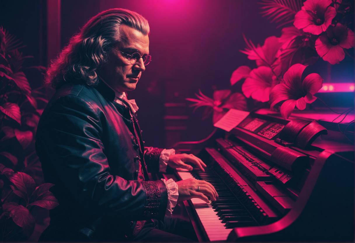 In this captivating image, a man with a striking hairstyle is immersed in playing a piano, bathed in a vibrant pink hue that adds a sense of drama and intrigue. The image, created with the 'New Image with Same Structure' tool, showcases the ability to generate visually engaging content, perfect for SEO optimization and driving traffic to content related to AI media generation and editing.