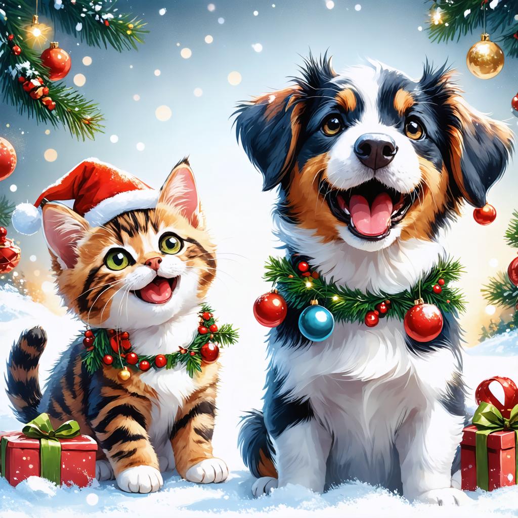 Questa immagine deliziosa, creata con il 'Generatore di immagini Stable Diffusion Ultra', mette in scena un gatto e un cane allegrissimi adorni di decorazioni natalizie, inclusi cappelli da Babbo Natale e ghirlande, su uno sfondo innevato. I colori vivaci e le espressioni gioiose degli animali evocano uno spirito festivo caldo, evidenziando la capacità dello strumento di generare contenuti accattivanti e visualmente piacevoli.
