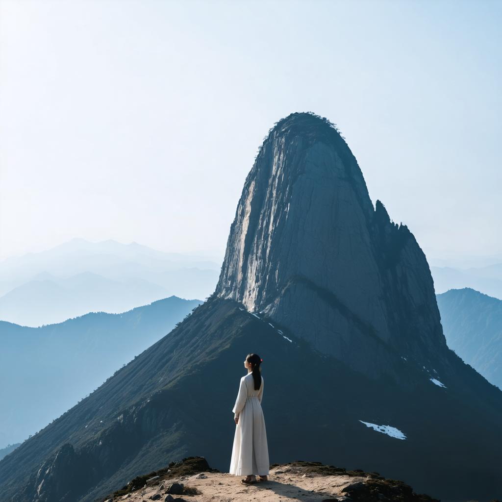 The image showcases a tranquil scene where a solitary figure stands on a rocky outcrop, gazing at a majestic, sharply-peaked mountain under a clear blue sky. The individual is dressed in a flowing white robe, adding a serene and contemplative atmosphere to the setting. This captivating view was crafted using the 'Stable Diffusion Ultra image generator,' which is known for its ability to create lifelike and immersive visuals from text prompts.