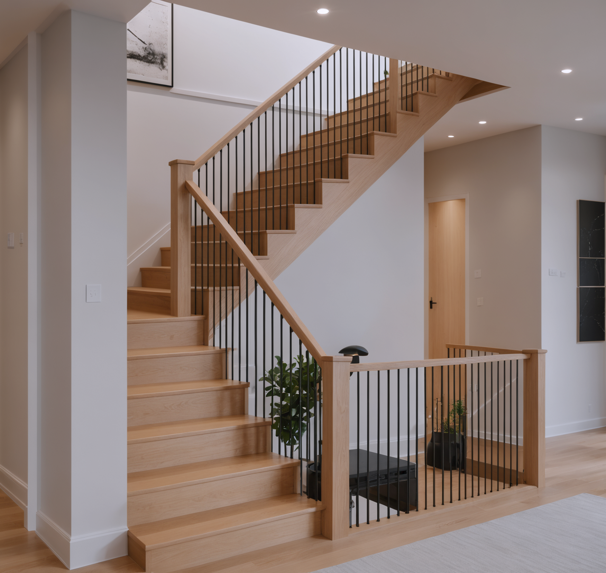 Discover the elegance of modern interior design with this stunning staircase, featuring sleek wooden steps and a minimalist black railing. Perfect for showcasing the capabilities of 'New Image with Same Structure,' this image highlights the tool's ability to create visually appealing and structurally sound designs, making it a go-to choice for designers and homeowners alike.