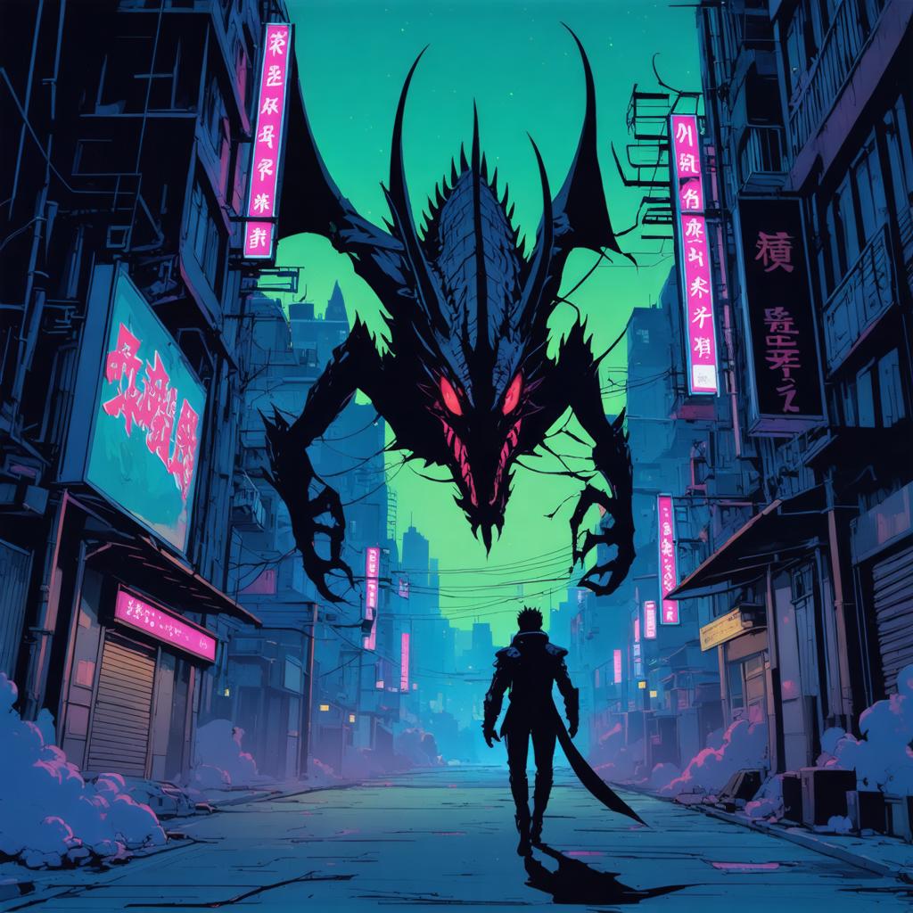 Questa è un'immagine affascinante generata da 'Stable Diffusion Ultra', che mostra una città distopica e buia di notte con una creatura minacciosa simile a un drago che incombe in alto. La scena è piena di insegne al neon e di una figura solitaria che cammina lungo la strada desolata, evocando un senso di mistero e fascino. L'immagine è un tributo alla capacità dello strumento di creare visivi immersivi e dettagliati, perfetti per coloro che cercano di esplorare i confini dell'arte digitale.