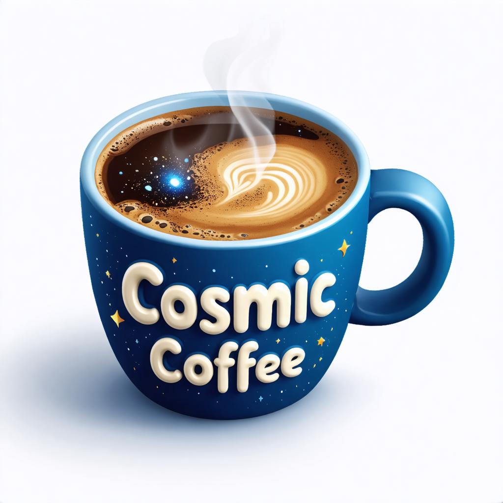 This is a 3D rendered image of a vibrant blue mug filled with a steaming cup of coffee, adorned with a celestial design featuring a whirl of latte art and a cosmic theme. The words "Cosmic Coffee" are prominently displayed on the mug, suggesting a blend of space and coffee culture. The image showcases the capabilities of 'Stable Diffusion Ultra image generator' in creating vivid, high-resolution, and thematic visual content.