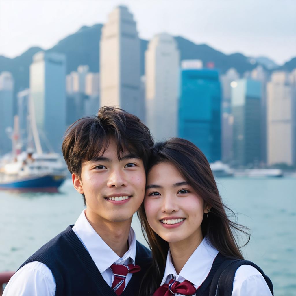 Experience the stunning capabilities of Stable Diffusion Ultra image generator with this beautifully crafted photo of a young couple in school uniforms, set against a vibrant cityscape backdrop. Perfect for showcasing the tool's ability to create detailed, high-quality images with just a few clicks.