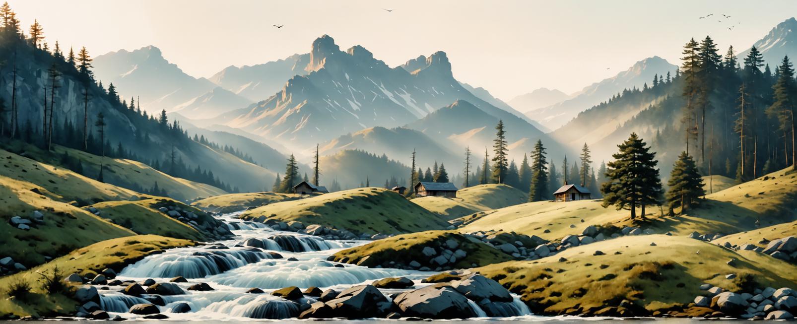 Discover the breathtaking beauty of a serene mountain landscape, where a crystal-clear stream cascades through lush green hills and majestic evergreen trees. This stunning scene showcases the transformative power of Stable Assistant's 'Apply Style' tool, which effortlessly enhances the visual appeal of your images with just a few clicks. Perfect for nature lovers and photographers, this tool brings your creations to life with its advanced style application capabilities.