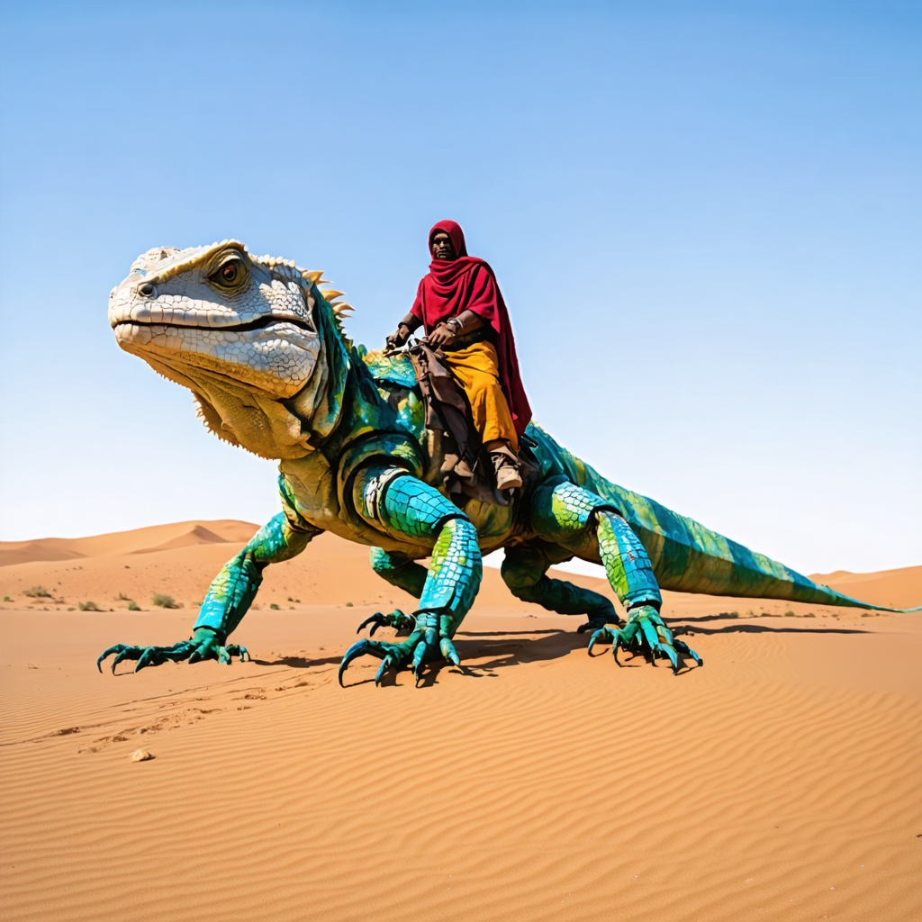 Experience the extraordinary capabilities of Stable Diffusion Ultra image generator with this mesmerizing image: a vividly detailed, lifelike lizard with a rider in a desert landscape. This AI tool seamlessly blends creativity and realism, showcasing its ability to generate stunning, high-quality visuals from your prompts. Perfect for artists, designers, and enthusiasts, Stable Diffusion Ultra offers unparalleled results in image generation.