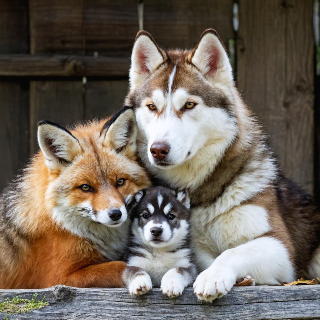 Experience the stunning realism and detail of Stable Diffusion Ultra image generator with this captivating image of a fox, a husky, and a husky puppy. Crafted with precision, this AI-generated artwork showcases the tool's ability to create lifelike and engaging visuals, perfect for enhancing your digital content.
