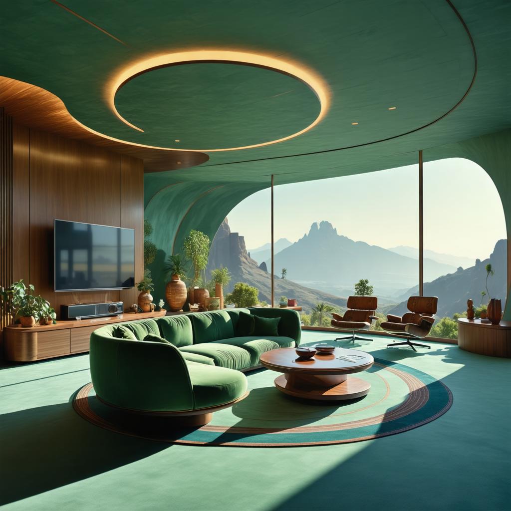 Cette image présente un salon moderne offrant une vue panoramique sur un paysage montagneux, avec un plafond incurvé doté d'éclairage intégré, un grand canapé d'angle vert, une table basse en bois et des fauteuils de style mid-century modern. La conception de la pièce met en avant la capacité du générateur d'images 'Stable Diffusion Ultra' à créer des scènes intérieures réalistes et visuellement attrayantes, en mettant l'accent sur l'éclairage naturel et les matériaux, améliorant ainsi l'expérience visuelle de l'espace.