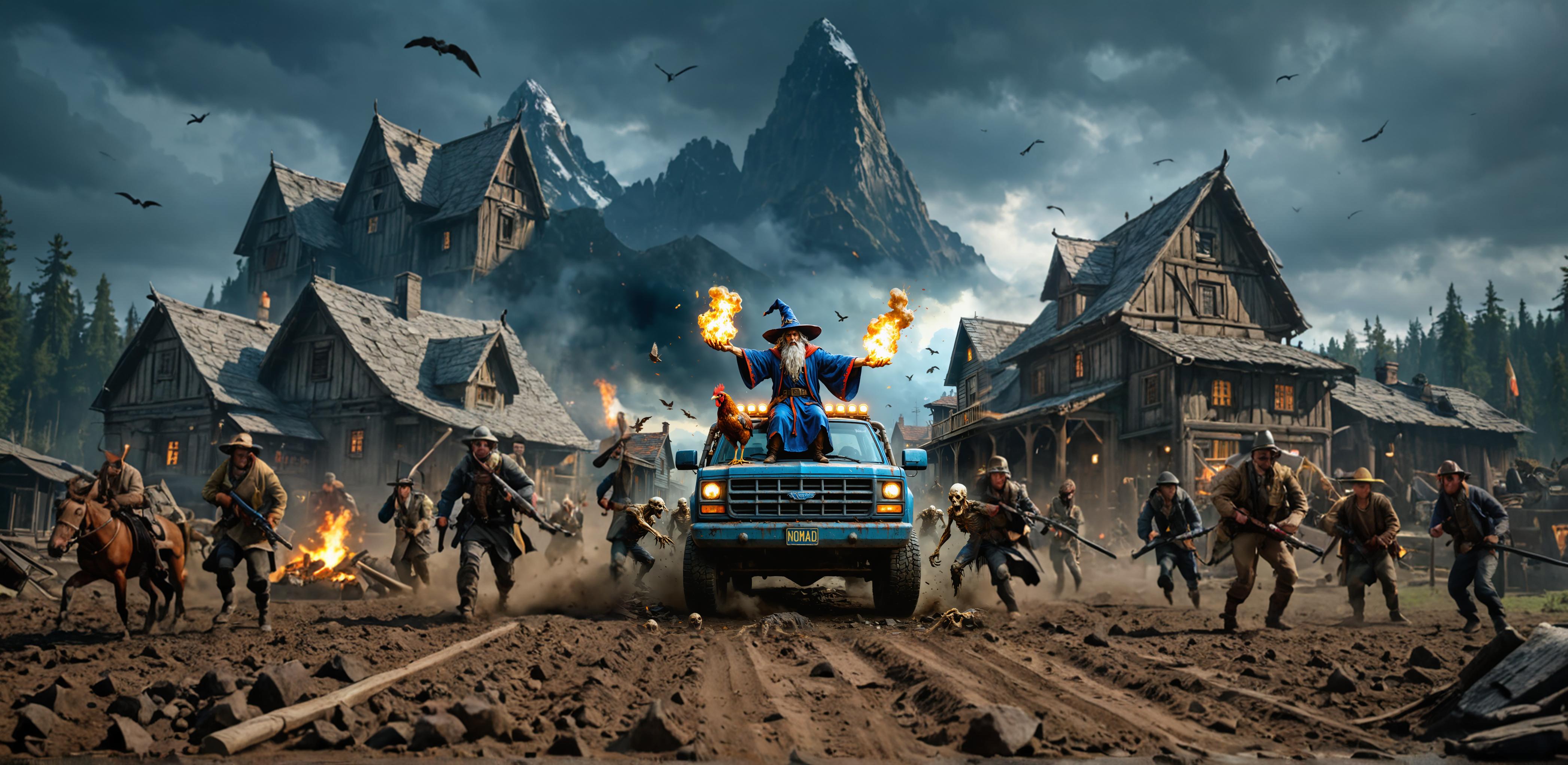 "Unleash the magic of 'Zoom out' with this dynamic image of a fantasy scene featuring a wizard atop a truck, surrounded by a chaotic town filled with zombies and survivors. Experience the thrill of extending your story with our AI media generation tool, 'Zoom out', and bring your creative visions to life with ease."