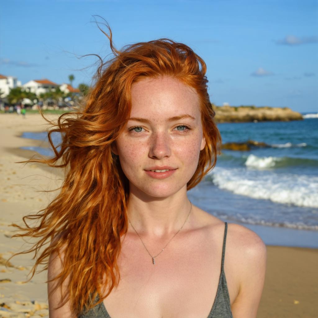 Experience the stunning capabilities of Stable Diffusion Ultra image generator with this captivating portrait of a young woman with vibrant red hair, standing on a serene beach. The image showcases the tool's ability to create lifelike, high-quality visuals with just a few clicks, perfect for enhancing your digital content.