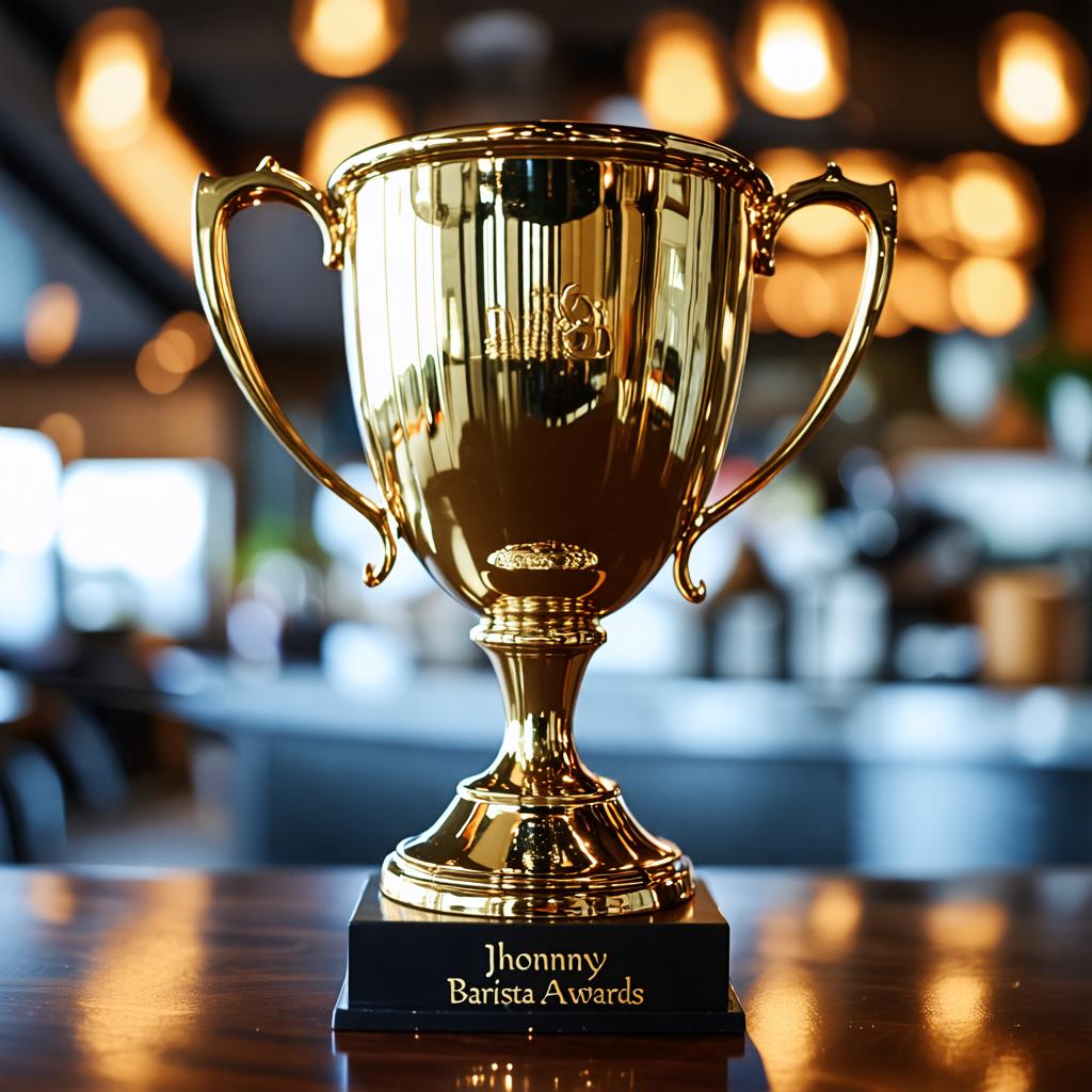 Cette image met en valeur un trophée doré à deux anses, brillant devant un arrière-plan flou d'un bar ou d'un restaurant. Le trophée est monté sur une base noire portant l'inscription "Jhonny Barista Awards", suggérant une reconnaissance prestigieuse au sein de la communauté des baristas. L'utilisation de 'Stable Diffusion Ultra image generator' a produit une image réaliste et soignée, mettant en évidence les détails nets et les surfaces réfléchissantes du trophée, soulignant la capacité de l'outil à générer des visuels de haute qualité et professionnels.