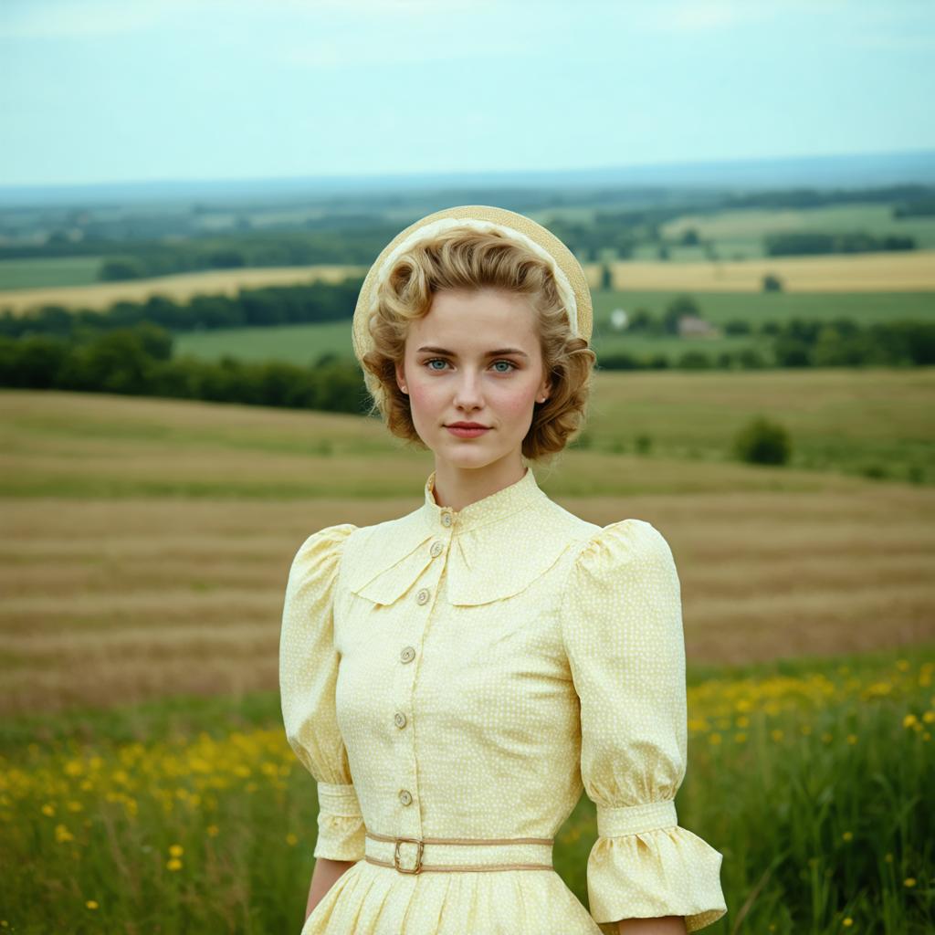 Experience the stunning capabilities of Stable Diffusion Ultra image generator with this captivating portrait of a woman in a vintage yellow dress, set against a lush, green countryside backdrop. Perfectly blending realism and artistic flair, this image showcases the tool's ability to create detailed, high-quality visuals that can transport viewers to another era.