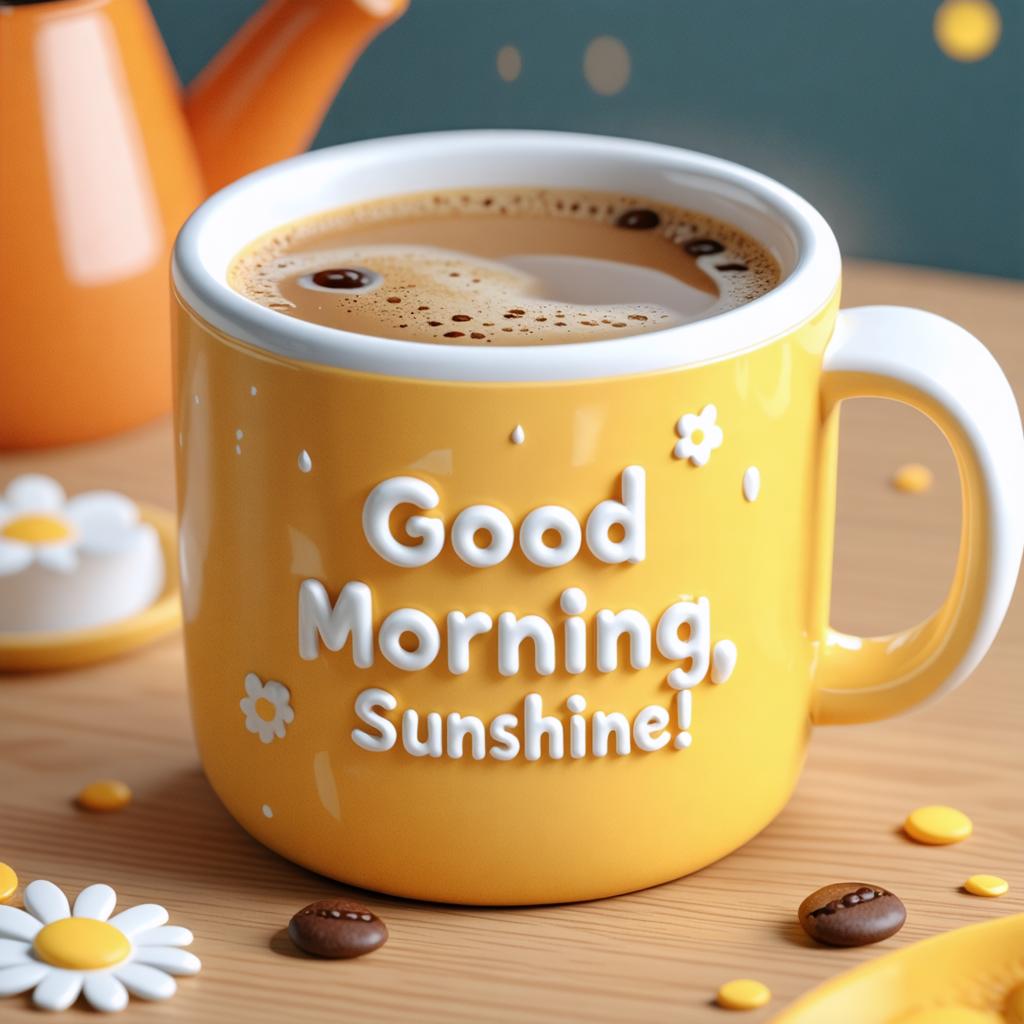 In the image, a cheerful yellow mug brims with a hot beverage, likely coffee, with a frothy top, resting on a wooden surface. The mug is adorned with the phrase "Good Morning, Sunshine!" in raised white letters, accompanied by playful white daisies. Scattered around the mug are a few coffee beans and small yellow candies, enhancing the morning coffee vibe. In the background, an orange kettle suggests the brewing of a fresh pot of coffee, all set against a backdrop that gives the impression of a cozy kitchen or a warm breakfast setting. This scene is crafted using the 'Stable Diffusion Ultra image generator,' which allows for the creation of realistic and visually appealing images, perfect for morning coffee enthusiasts and those looking to add a touch of cheer to their day.