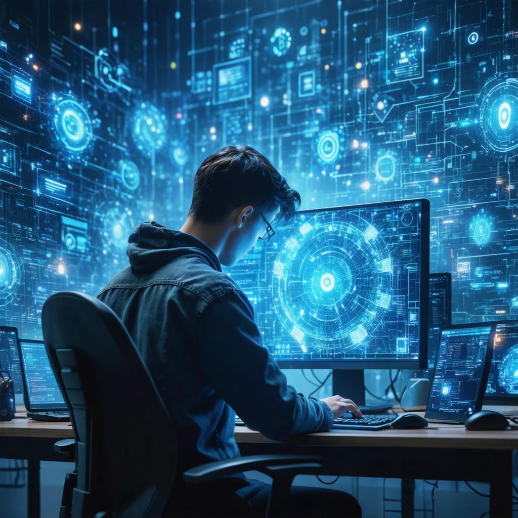 Sperimenta le capacità all'avanguardia di Stable Diffusion Ultra, il generatore di immagini AI. Questa impressionante immagine generata da intelligenza artificiale raffigura un individuo tecnologicamente avveduto immerso in un ambiente digitale futuristico, evidenziando la capacità dello strumento di creare visivi dettagliati e coinvolgenti, ideali per arricchire il tuo contenuto digitale e migliorare i ranking SEO.
