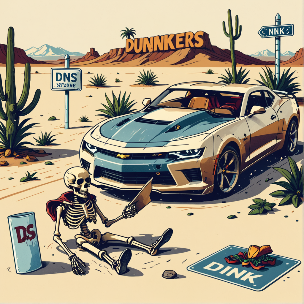 Discover the transformative power of Inpaint with this stunning AI-generated image! Featuring a sleek sports car in a desert setting, Inpaint seamlessly replaces elements, creating a surreal scene with a skeleton holding a drink and a sign reading "Dunkers." Perfect for showcasing the tool's precision and creativity in image editing.