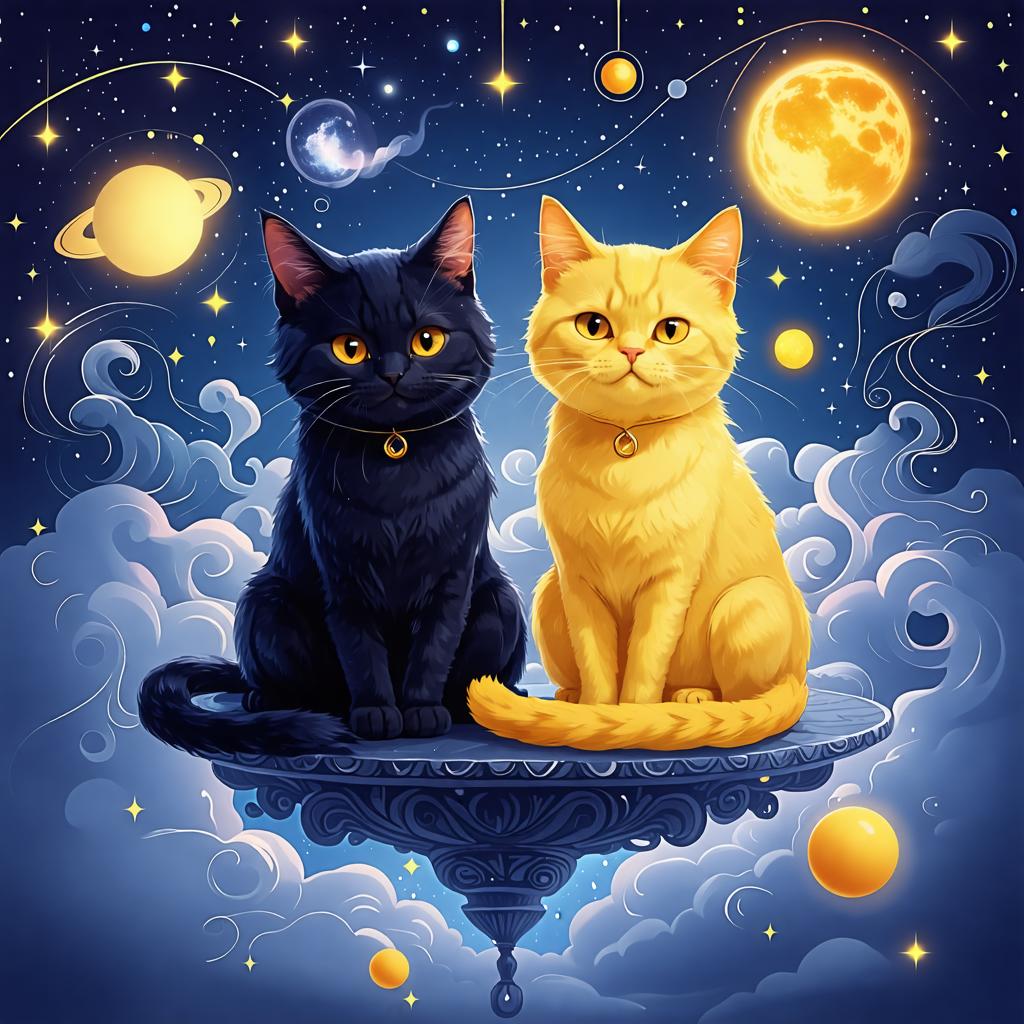Nell'affascinante arte digitale creata dal 'Generatore di immagini Stable Diffusion Ultra', due compagni felini - un elegante gatto nero e un luminoso gatto giallo - sono posizionati su una piattaforma galleggiante in mezzo a un cielo notturno fantastico, circondati da stelle, pianeti e nuvole vorticose. I gatti, adorni di collari dorati, emanano un'aura di mistero e curiosità, invitando gli spettatori a esplorare le capacità di questo innovativo strumento di media AI.