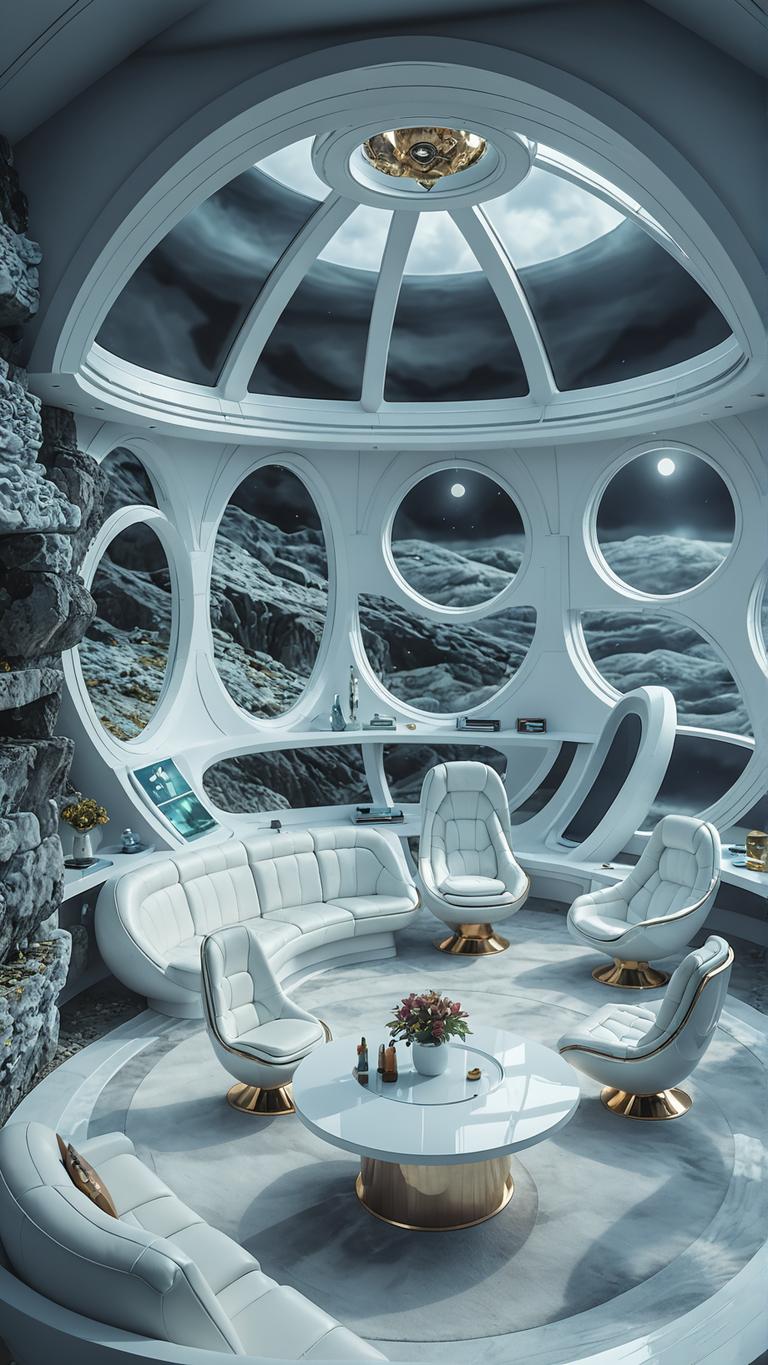 Cette image présente un espace de vie futuriste avec un plafond incurvé et de grandes fenêtres offrant une vue époustouflante sur un paysage lunaire. La pièce est meublée de meubles élégants et blancs, y compris un canapé et des fauteuils, tous rehaussés d'or. Le point central est une table ronde avec une base dorée. Le design de la pièce et la vue qu'elle offre témoignent des capacités du générateur d'images 'Stable Diffusion Ultra', capable de créer des scènes immersives et visuellement saisissantes.