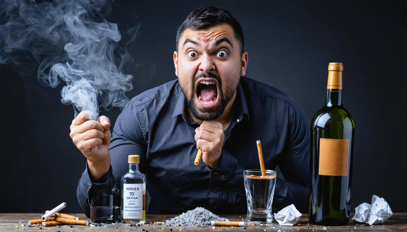 The image showcases a man in a dramatic pose, surrounded by cigarettes, ashtrays, and alcohol bottles, with smoke billowing from his hand. This striking scene highlights the powerful and detailed capabilities of the Stable Diffusion Ultra image generator, which effortlessly captures complex and dynamic scenarios with high fidelity and precision. Perfect for generating vivid and engaging content, this tool is ideal for artists and designers seeking to create compelling visuals.