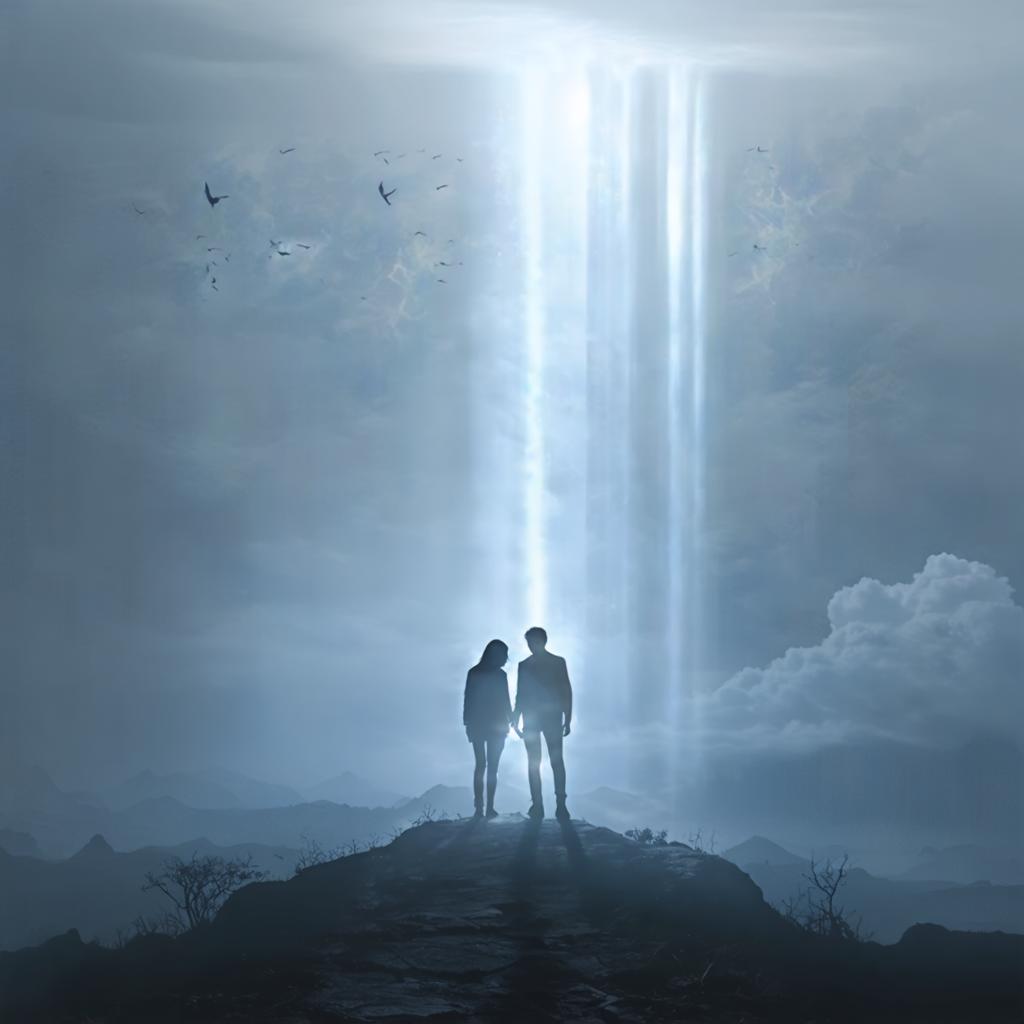 Discover the breathtaking capabilities of Stable Diffusion Ultra image generator with this mesmerizing scene: two silhouetted figures stand on a mountaintop, bathed in ethereal beams of light piercing through the clouds. This AI tool effortlessly crafts stunning visuals, perfect for evoking emotion and wonder, showcasing its prowess in generating captivating, high-quality images.