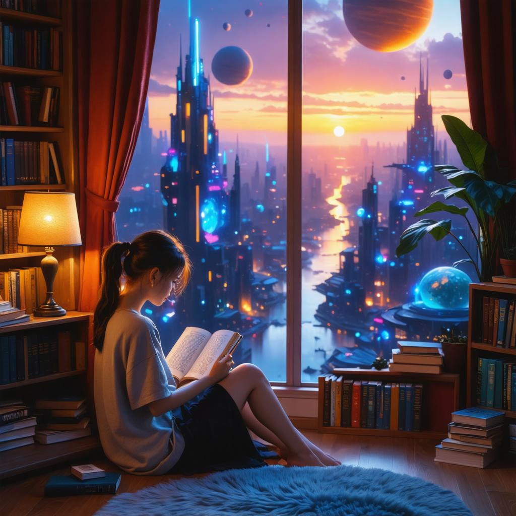 Dans l'image, une jeune femme est absorbée par un livre près d'une fenêtre, surplombant un paysage urbain futuriste au coucher du soleil. La scène est une création numérique issue de l'outil 'Stable Diffusion Ultra', connu pour sa capacité à générer des images détaillées et vibrantes. Cet outil permet aux utilisateurs de créer des scènes uniques, combinant des éléments de fantasy et de science-fiction, comme le montre le mélange de la lecture traditionnelle avec la vue sur la ville extra-terrestre.