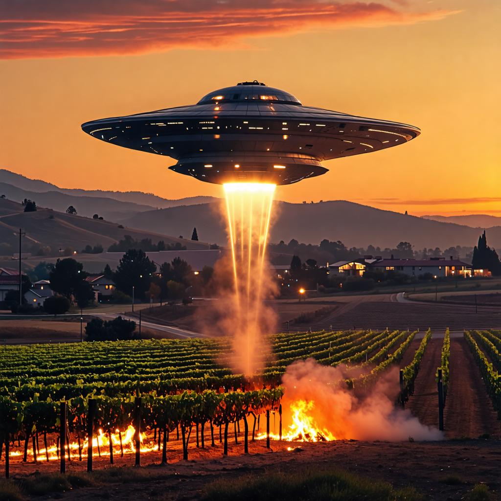 This captivating image, created with the 'Stable Diffusion Ultra image generator', showcases a futuristic UFO hovering over a vineyard at sunset, with the landscape bathed in a warm glow. The UFO emits a beam of light that appears to be interacting with the ground, where a small fire is burning. The scene is set against a backdrop of hills and a dusky sky, creating a dramatic and otherworldly effect. The 'Stable Diffusion Ultra' tool allows for the seamless blending of fantastical elements into realistic settings, offering users the ability to generate unique and engaging visuals.
