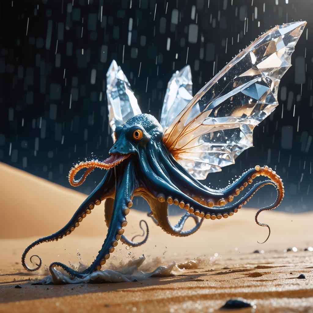 Scopri l'straordinario con 'Stable Diffusion Ultra image generator', uno strumento AI multimediale che trasforma i tuoi promemoria creativi in realtà. Ammira la fusione di fantasia e realtà in questa immagine affascinante di un polpo a ali di cristallo che vola sopra un paesaggio desertico sotto una tempesta, che dimostra la capacità dello strumento di generare contenuti unici e visivamente straordinari.