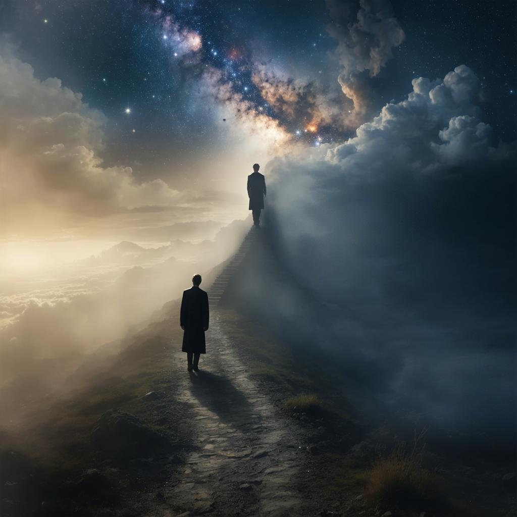 Discover the mesmerizing capabilities of Stable Diffusion Ultra image generator with this stunning AI-generated image. The scene features a surreal landscape where two silhouetted figures walk along a misty path, leading towards a celestial horizon filled with stars and cosmic clouds. Perfect for showcasing the tool's ability to create dreamlike, high-quality visuals, this image effortlessly blends fantasy and reality, demonstrating the power of Stable Diffusion Ultra in generating captivating and imaginative scenes.
