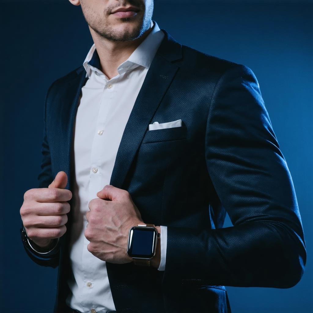 This image features a smartly dressed individual in a sophisticated navy suit, white shirt, and a stylish square watch, embodying the elegance and modernity that can be achieved through the 'Stable Diffusion Ultra image generator.' The generator showcases its ability to create realistic and visually appealing images, highlighting the key features of this innovative AI tool.