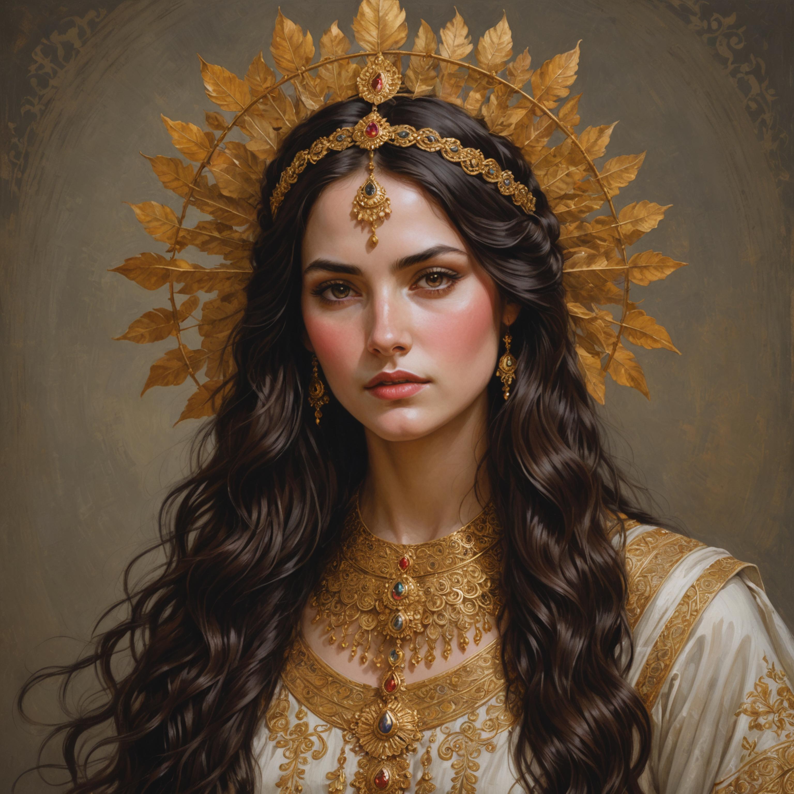 This image showcases the intricate and detailed capabilities of Stable Assistant's 'Close Variation' tool, which allows for the creation of a nearly identical image with subtle variations. The subject is a woman adorned in elaborate golden attire, her long dark hair cascading down her shoulders, highlighting the tool's ability to capture and enhance textures and details.