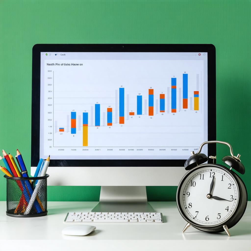 This image showcases a modern workspace with a computer monitor displaying a colorful bar chart, a white keyboard, a mouse, and a classic alarm clock, all set against a vibrant green backdrop. The scene is designed to evoke a sense of productivity and organization, highlighting the capabilities of the 'Stable Diffusion Ultra image generator' to create visually appealing and SEO-optimized content.
