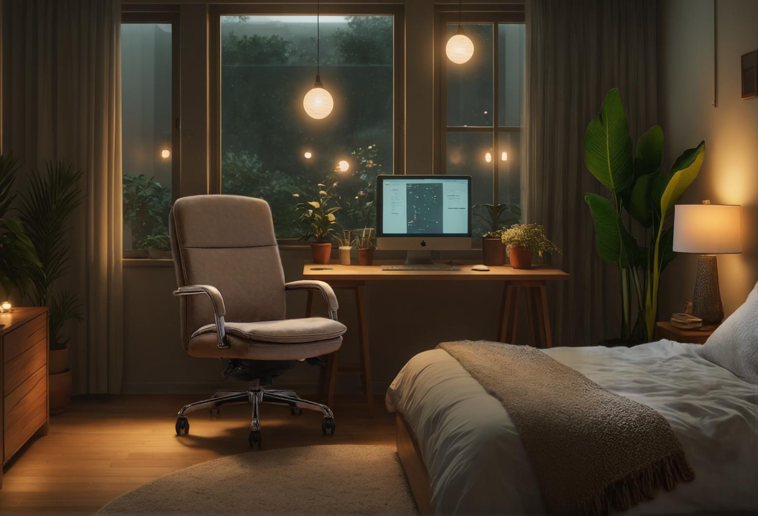 Questa immagine presenta una scena serena di una camera da letto con una scrivania su cui è posizionato un monitor, circondata da una varietà di piante e illuminazione calda. Lo strumento 'Replace Background' di Stable Assistant consente agli utenti di sostituire in modo fluido il sfondo di qualsiasi immagine, ideale per chi desidera migliorare o modificare l'ambiente delle proprie foto.