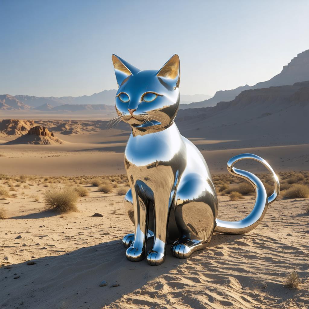 Scopri le affascinanti capacità del generatore di immagini Stable Diffusion Ultra con questa spettacolare immagine generata da AI di un elegante gatto blu metallico seduto in un paesaggio desertico. Le riflessioni reali e i dettagli intricati evidenziano la capacità dello strumento di creare opere d'arte fotorealistiche e immaginative, perfette per affascinare il pubblico e arricchire il tuo contenuto digitale.