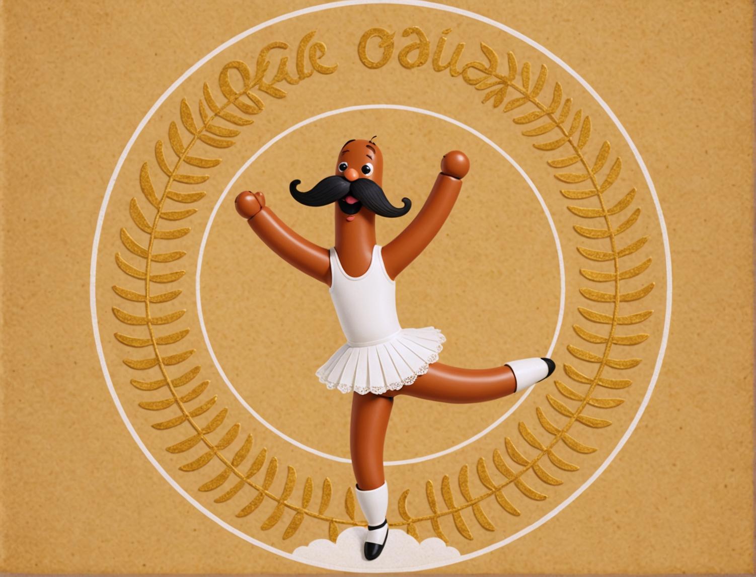 This image showcases a whimsical, stylized character resembling a sausage in a ballet pose, set against a golden laurel wreath backdrop, all created using the 'Close Variation' tool on Stable Assistant, which allows for the generation of new, yet similar, images.