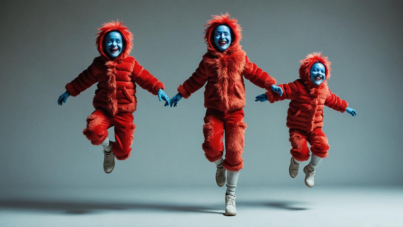 Discover the whimsical charm of this delightful image featuring three joyful children, each donning vibrant red furry winter coats and blue-tinted skin, captured mid-jump against a soft gray backdrop. Crafted using Stable Assistant's 'New Image with Same Style' tool, this image showcases the app's ability to replicate unique styles and evoke playful, imaginative scenes. Perfect for creative projects and social media posts, this tool brings vivid, dreamlike visuals to life effortlessly.