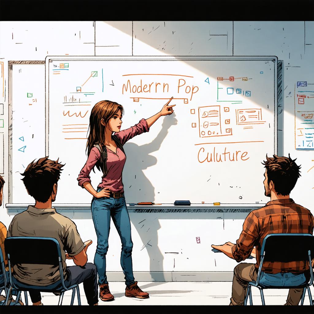 In questa vivace illustrazione, una giovane donna presenta con sicurezza una lavagna bianca piena di diagrammi e grafici, evidenziando il concetto di "Cultura Pop Moderna" a un pubblico attento. L'immagine mette in risalto le capacità del 'generatore di immagini Stable Diffusion Ultra', che può creare visive dinamiche e coinvolgenti per vari argomenti, come si vede nella rappresentazione dettagliata e colorata della scena della classe.