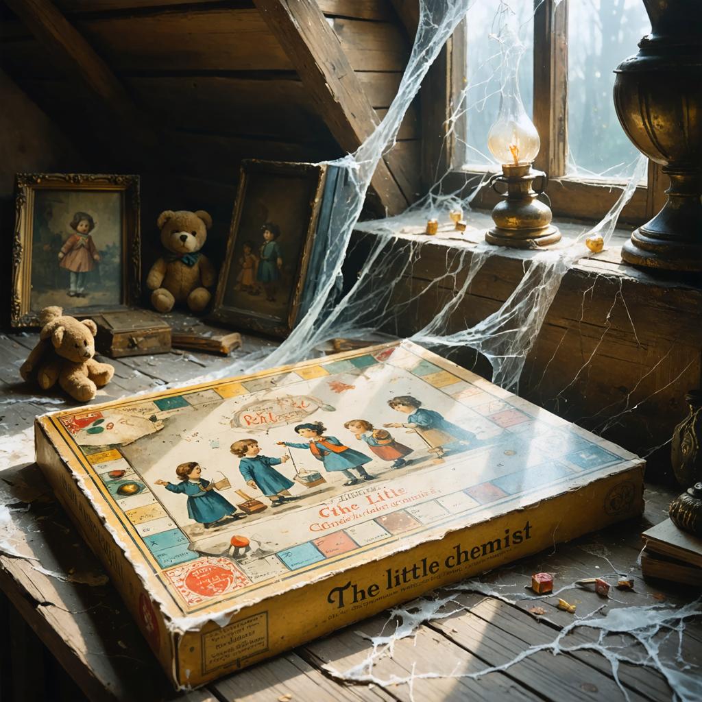 Questa immagine presenta un vecchio gioco da tavolo 'The Little Chemist', ambientato in un soffitto polveroso e decorato da ragnatele, evocando un senso di nostalgia e mistero. Il gioco, con illustrazioni di bambini, è accompagnato da una lampada a olio vintage e dipinti antichi, che arricchiscono l'atmosfera di un'epoca passata. L'immagine, creata con il 'Generatore di immagini Stable Diffusion Ultra', dimostra la capacità dello strumento di combinare elementi storici con un'estetica moderna e inquietante, perfetta per chi desidera creare contenuti immersivi e tematici.