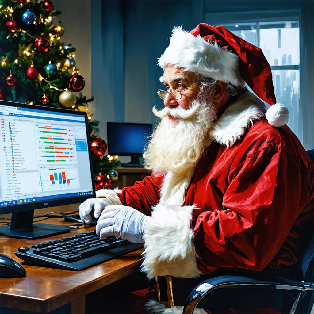 Père Noël est assis à un bureau, absorbé par un écran d'ordinateur orné de graphiques colorés et de tableaux de données, incarnant l'esprit des préparatifs de Noël modernes. Cette image, créée avec le générateur d'images Stable Diffusion Ultra, met en valeur la capacité de l'outil à produire des visuels réalistes et captivants qui fusionnent harmonieusement les thèmes traditionnels des fêtes avec la technologie contemporaine.