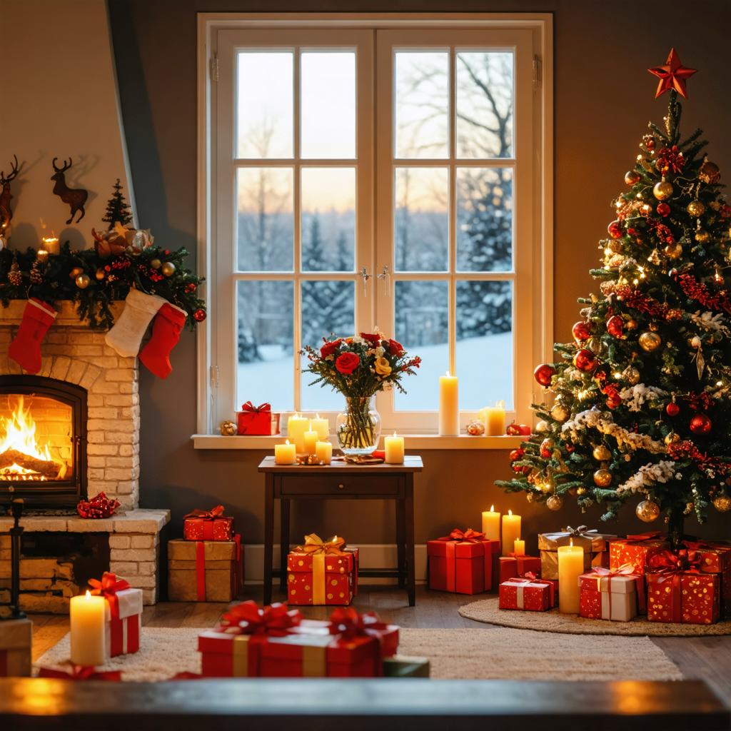 Questa scena calda e festiva rappresenta un'atmosfera accogliente di Natale, completa di un camino acceso, un albero di Natale decorato con cura e una serie di regali avvolti, tutti illuminati dalla luce soffusa di candele accese. Il paesaggio innevato e sereno fuori dalla finestra aggiunge al fascino incantato, rendendolo uno scatto perfetto per le festività. L'immagine è una testimonianza delle capacità del 'generatore di immagini Stable Diffusion Ultra', che può creare scene realistiche e dettagliate che evocano un senso di calore e allegria natalizia.