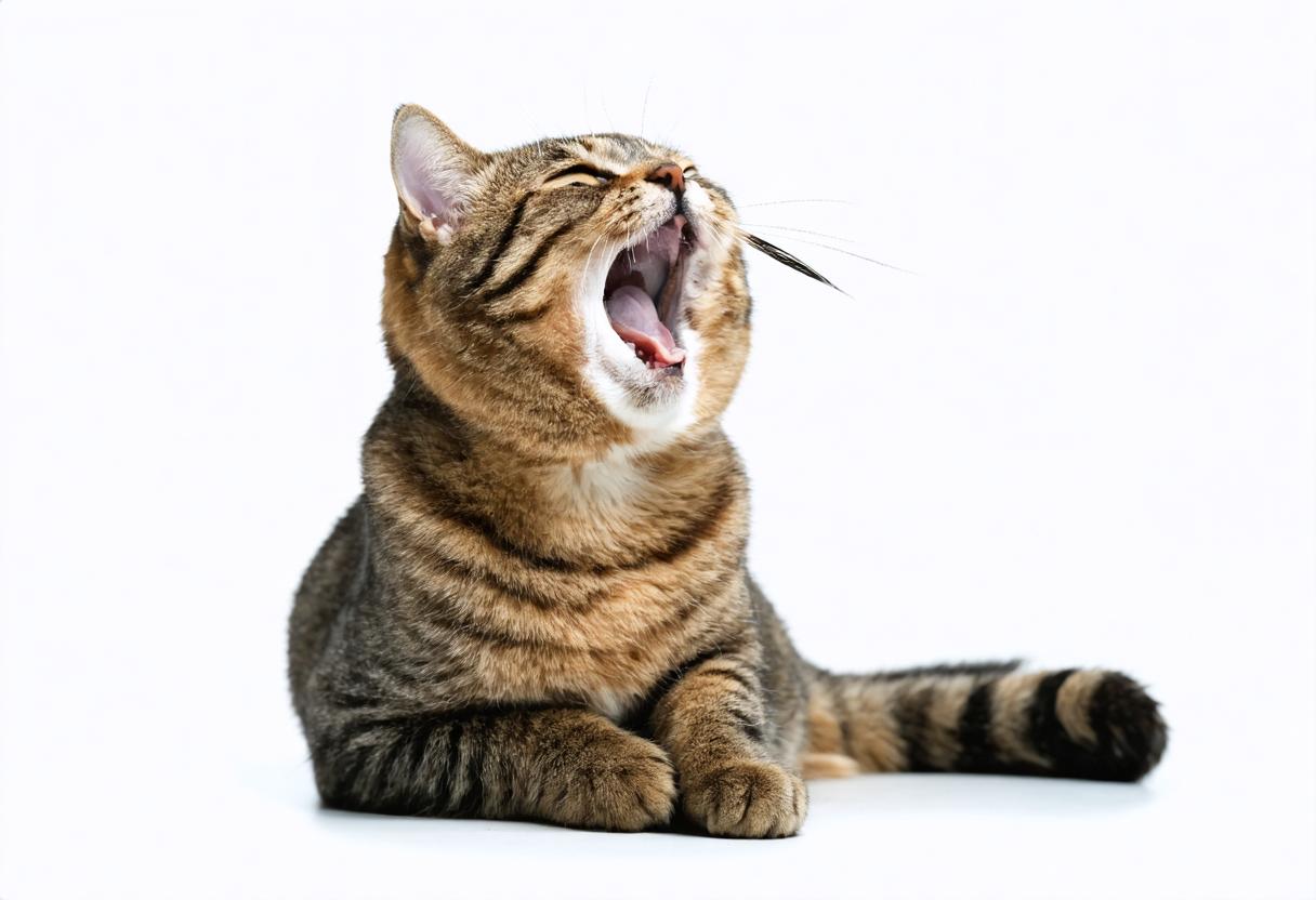 This image features a tabby cat with a striking expression, its mouth wide open as if caught mid-meow, set against a pristine white background. The cat's fur displays a rich tapestry of brown, black, and gray stripes, and its tail extends behind it with a similar pattern. The image is a perfect example of what 'Stable Diffusion Ultra image generator' can create—high-quality, customizable visuals that are sure to capture attention. The tool's ability to generate realistic and detailed images, along with its ease of use, makes it a top choice for anyone looking to enhance their visual content.