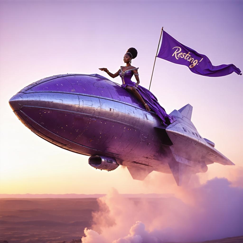 In questa immagine affascinante, una figura maestosa vestita di un abito viola si posa su un aereo futuristico e scintillante, volando alto sopra un paesaggio mozzafiato al tramonto. L'aereo, una meraviglia tecnologica, è catturato in volo, con i suoi potenti motori che lasciano una scia di fumo. La scena è immersa nei caldi toni del sole al tramonto, creando un'atmosfera serena e surreale. Questa immagine è stata generata con maestria utilizzando il 'Generatore di immagini Stable Diffusion Ultra', che dimostra la sua capacità di fondere la realtà con elementi immaginativi, risultando in un pezzo visivamente spettacolare e stimolante per il pensiero.