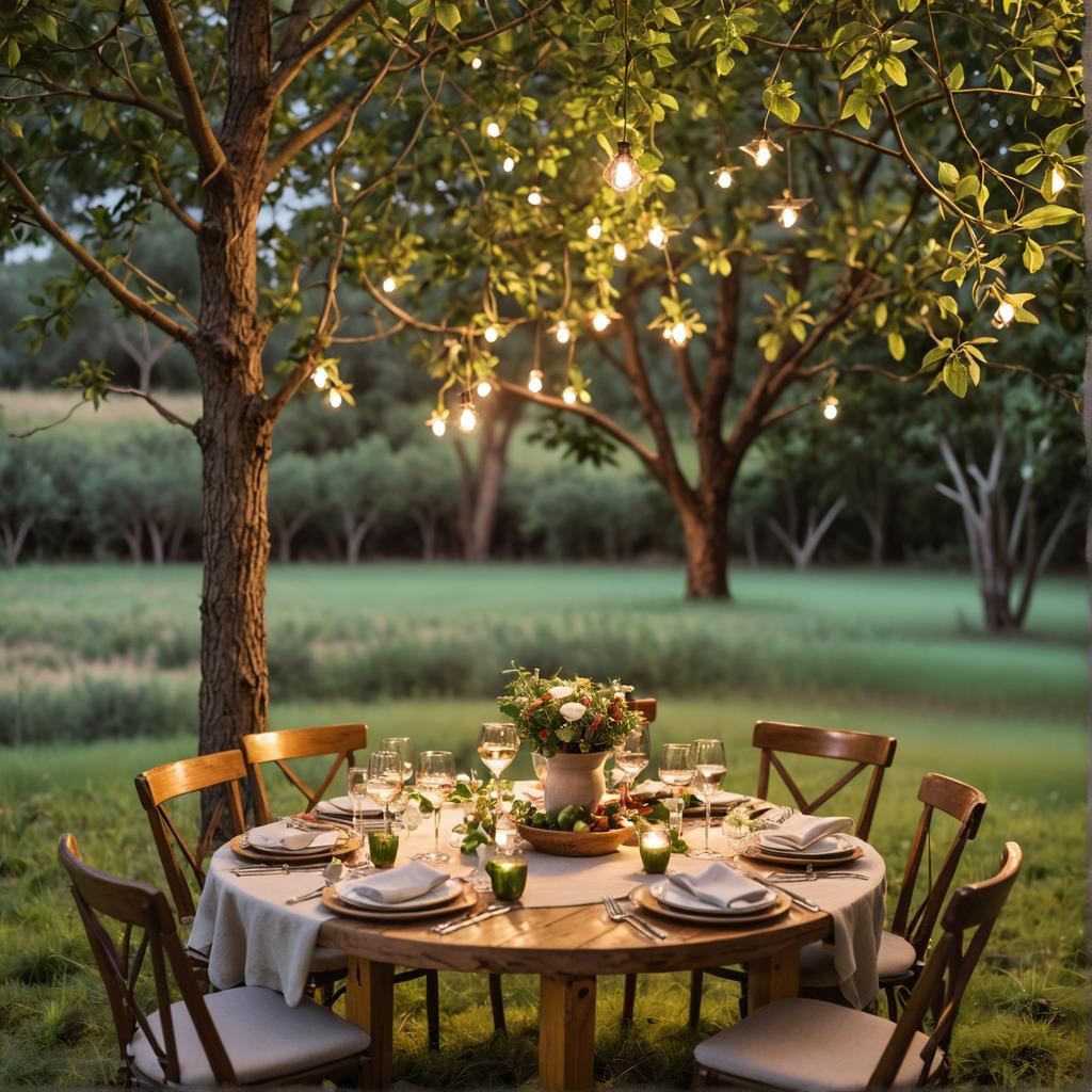 This enchanting image showcases a romantic outdoor dining setup, featuring a beautifully set table for six, adorned with fresh flowers and twinkling lights, all bathed in the soft glow of a setting sun. The scene is brought to life by the 'Stable Diffusion Ultra image generator', which seamlessly combines elements of nature with the warmth of a serene evening, making it an ideal choice for those seeking to create a visually captivating and inviting atmosphere for their next gathering.