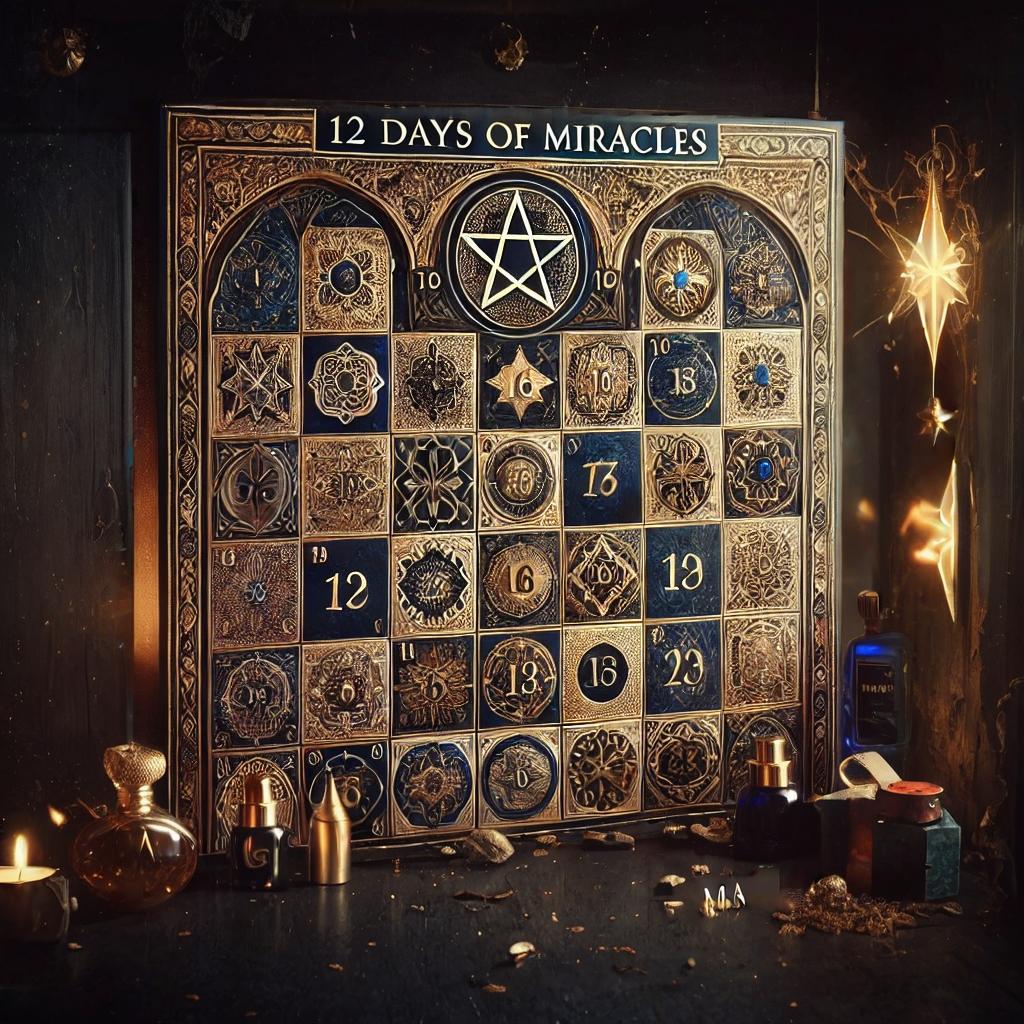 This image showcases a sophisticated, ornate calendar titled "12 Days of Miracles," with each date featuring unique, intricate designs. The 'Erase' tool has been used to remove a small, indistinct object from the lower right corner, demonstrating the tool's ability to clean up images by removing unwanted elements.