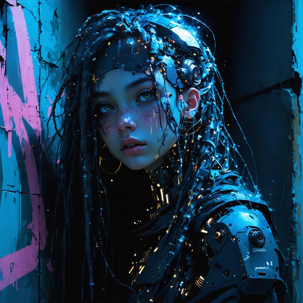 This image showcases a captivating digital artwork of a young woman with cybernetic enhancements, rendered in a dark, moody palette. The intricate details and the glow of blue lights on her skin suggest the advanced capabilities of the 'Stable Diffusion Ultra image generator', known for its ability to create hyper-realistic, AI-generated images with a focus on visual storytelling and character design.